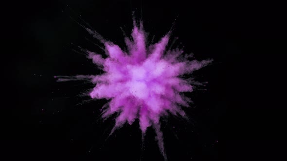 Colorful powder/particles fly after being exploded against black background. Slow Motion.