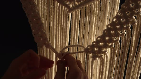 Weaving Macrame Pattern From Natural White Cotton Threads