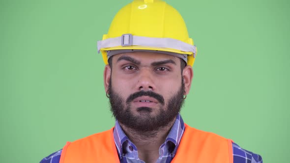 Happy Young Overweight Bearded Indian Man Construction Worker Smiling