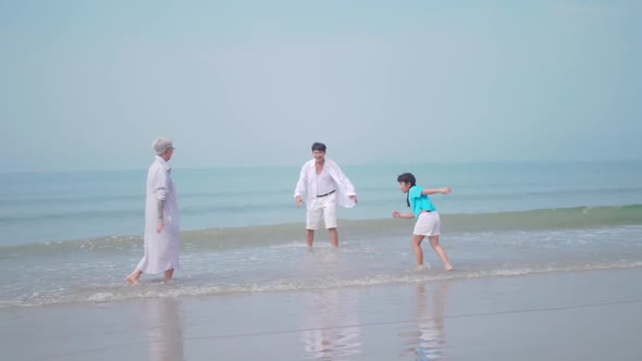 Grandfather and grandmother are playing with their little granddaughter on the beach.