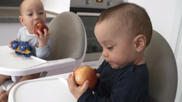 Asian Baby Trying to Bite Apple and Dropping it