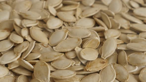 Close-up of healthy pumpkin seed tilting footage. Lot of edible pepitas on pile slow tilt  video