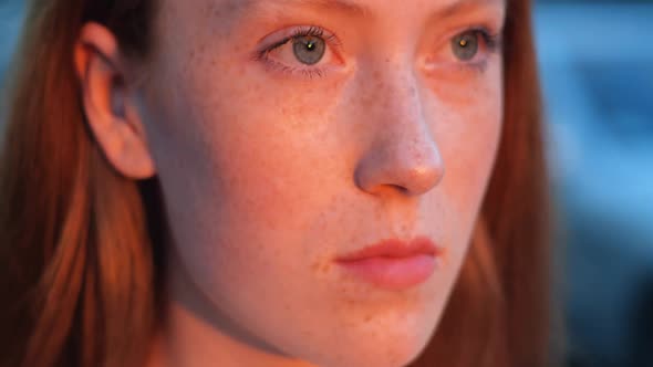 Close Up of Woman’s Face Girl Opening Her Beautiful Blue Eyes Attractive Ginger