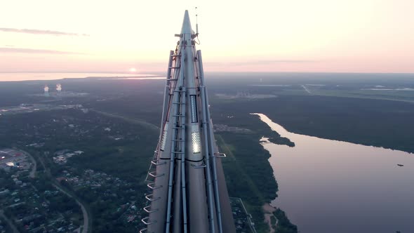 Beautiful Aerial Shot at Sunset of the Lakhta Center Skyscraper