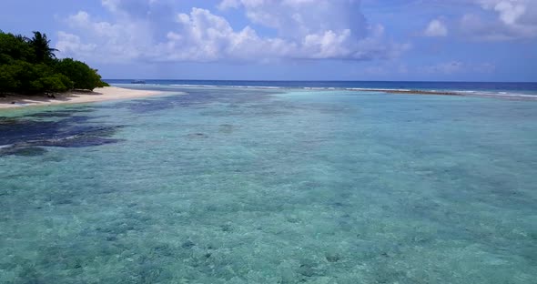 Daytime flying copy space shot of a white paradise beach and turquoise sea background in colourful 4