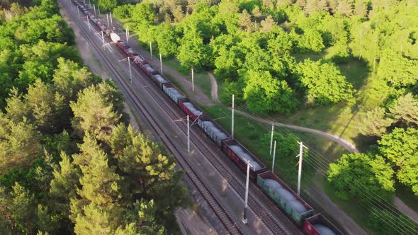 Aerial Orbit Shot View of Railroad with Train in Sunny Summer Day in Forest