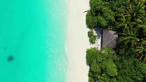 Aerial drone seascape of beautiful resort beach wildlife by blue sea with white sand background of a