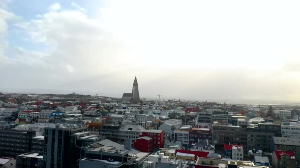 Drone aerial over the city of Reykjavik in Iceland