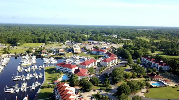 Aerial view or vacation condominiums near intercoastal marina in South Carolina.