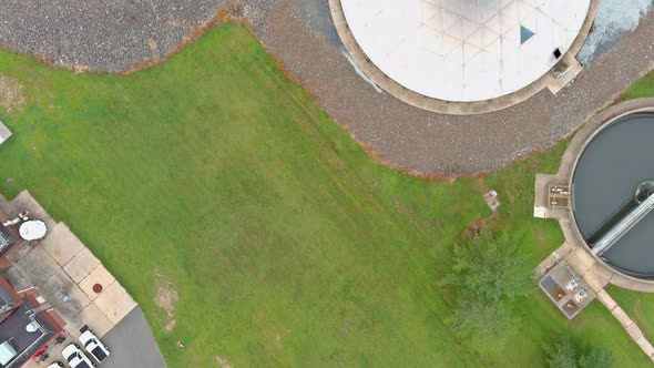 Aerial Panoramic View of Water Treatment Facilities Sewage Treatment Plantwith Round Sedimentation