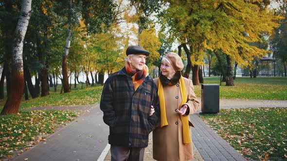 Happy Retired Husband and Wife are Talking and Smiling During Romantic Walk in City Park Near a