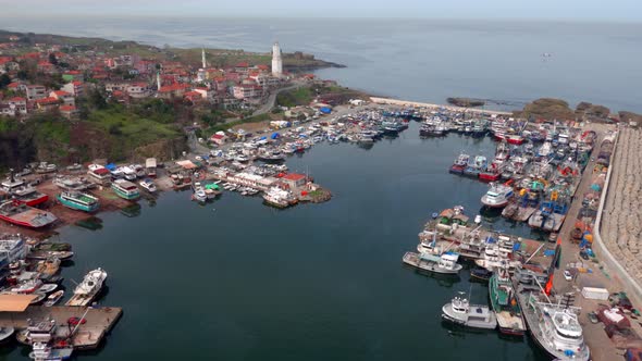 Aerial view of the Rumelian fishing port at the Bosphorus, Istanbul, Turkey.