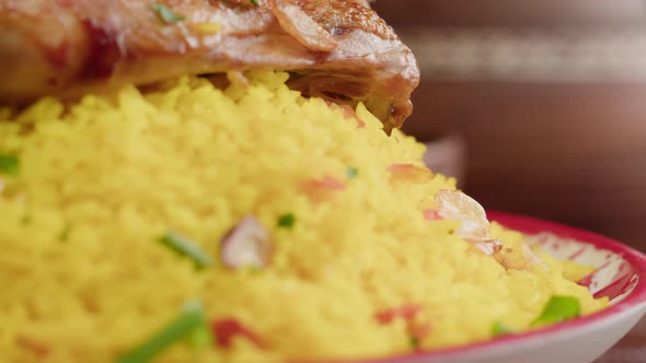 Couscous with Chicken Closeup Muslim Family Dinner Ramadan Iftar