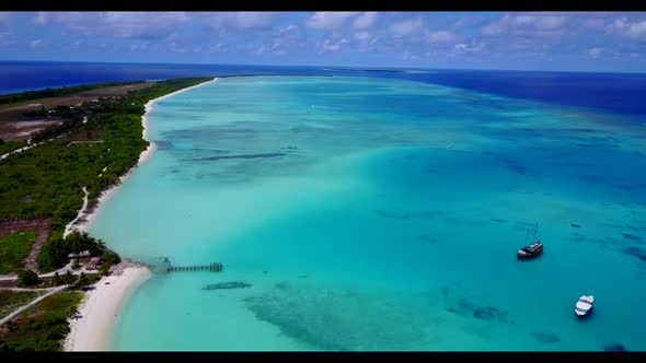 Aerial above sky of paradise lagoon beach lifestyle by blue ocean with clean sand background of adve