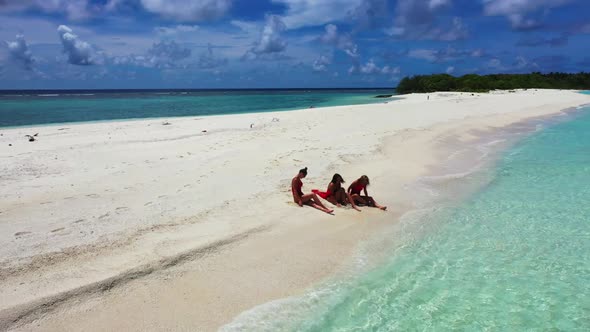 Girls look beautiful on perfect island beach wildlife by shallow sea with clean sandy background of 