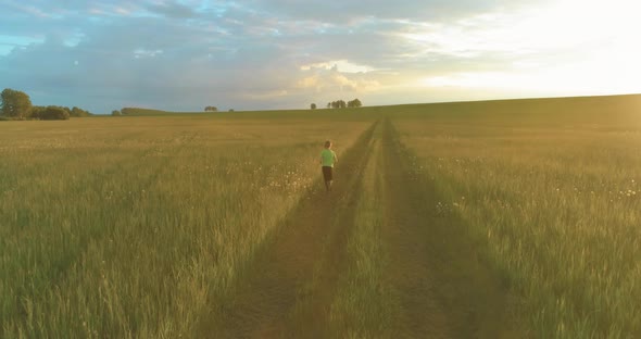 Sporty Child Runs Through a Green Wheat Field