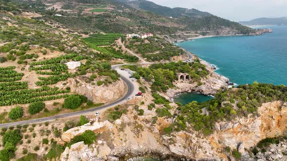 Awesome azure sea rocky texture aerial view 4 K Turkey Alanya