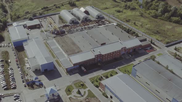 Aerial View Park Production Plant. Manufacturing Area in Field Drone View. Aerial Top Down View