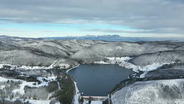 Aerial view of the Palcmanska Masa reservoir in the village of Dedinky in Slovakia