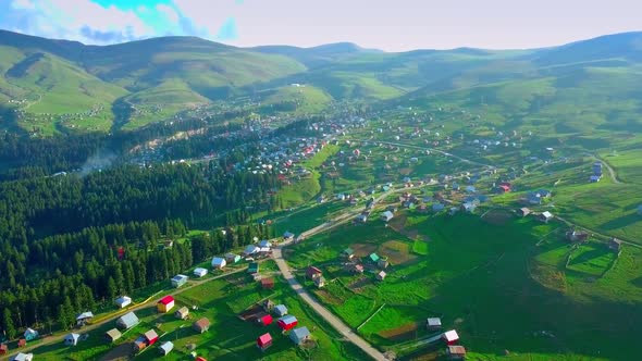 Mountain landscape in Georgia, the village of Beshumi. Shooting from a drone