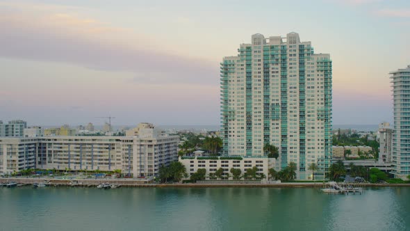 Aerial shot of tall buildings at dusk in Miami