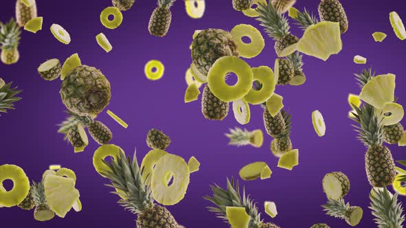 Pineapples with Slices Falling on Purple Background