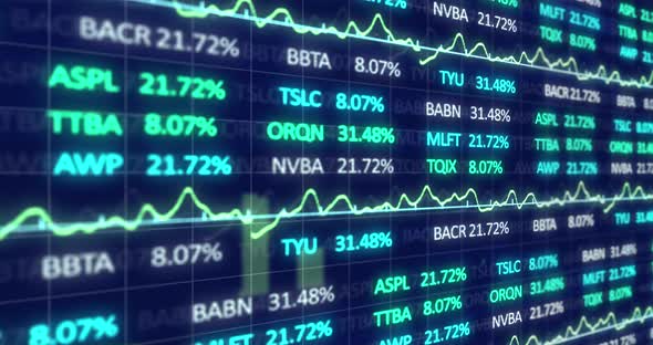 Animation of stock market display with stock market tickers and graphs 4k alt