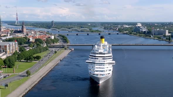 Beautiful Cruise Ship Docked in Riga Latvia Near the Old Town and the Bridge