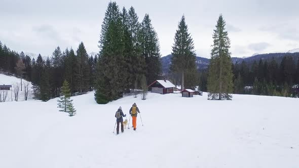 Couple snowshoeing with sibirian husky