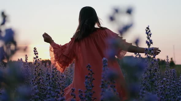 A Young Woman in a Red Dress in a Flower Field During Sunset