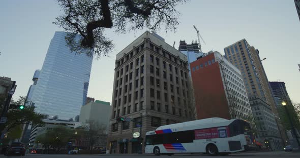 Low angle establishing shot of downtown Houston, Texas