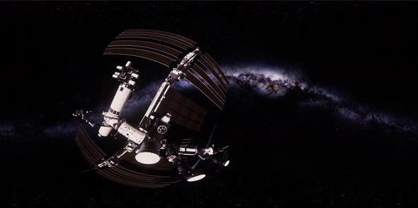 ISS in Virtual Reality 360 Degree Video. International Space Station Orbiting alt