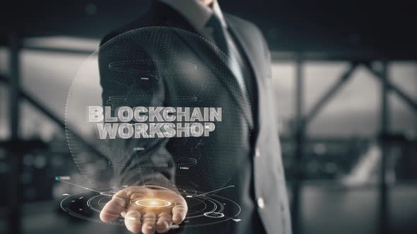 Blockchain Workshop with Hologram Businessman Concept
