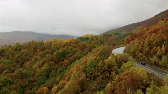 Car pass by on rainy cloudy autumn day in mountain with colorful trees, aerial drone