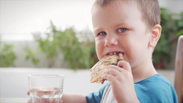 Cute Healthy Preschool Toddler Boy Eating Italian Pizza While Sitting in a Kids Cafe. Happy Child