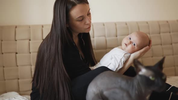 Young Mother Holds Baby Toddler with Sphynx Cat Sitting Besides