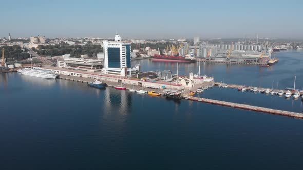 Aerial View of Odessa Sea Cargo Port with Cranes Boats and Ships