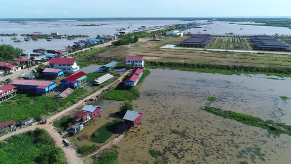 Farming and fishing village near Siem Reap in Cambodia seen from the sky