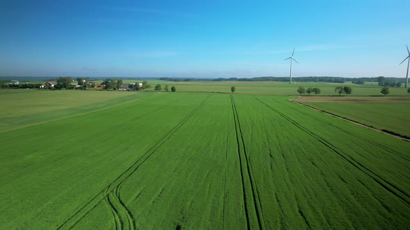 Wind turbines in vast green field, aerial view of alternative energy technology in Poland