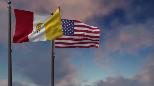 San Diego City Flag Waving Along With The National Flag Of The USA - 2K