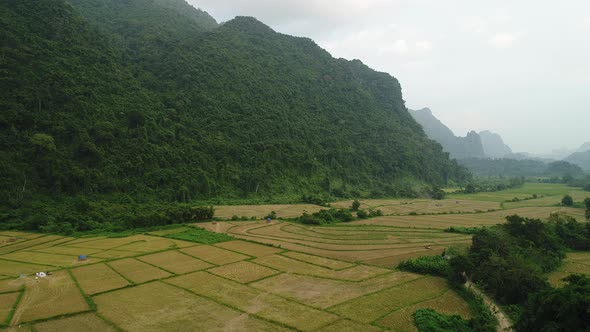 Nature landscape near town of Vang Vieng in Laos seen from the sky