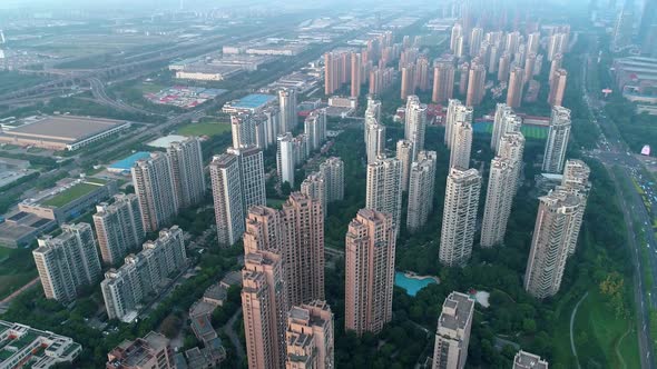 Aerial Drone Shot Over Residential Apartment Buildings on Sunset