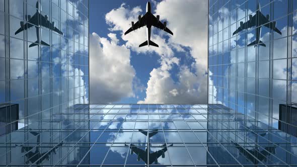 Airplane Flies in the Reflections on the Office Buildings