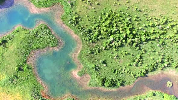 Aerial view of Jesenica river and surrounding in Croatian region Lika.