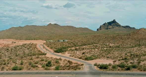 Aerial view of remote desert highway landscape in northern mountains Arizona, US