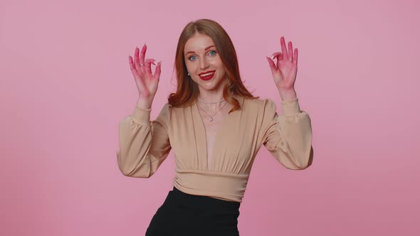 Positive Businesswoman Girl Showing Ok Gesture Like Sign Positive Something Good on Pink Background