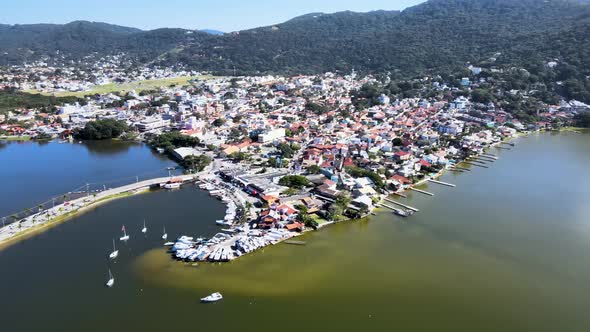 Aerial drone view of downtown in lagoon near mountains and beaches florianópolis