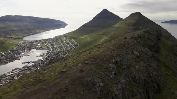 Drone Over Klakkur Mountain With Klaksvik Town Below