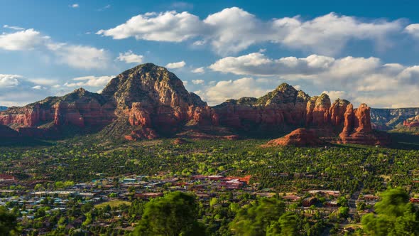 Sedona, Arizona, USA downtown below the Red Rock Mountains.