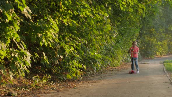 Little Girl On Scooter In Park